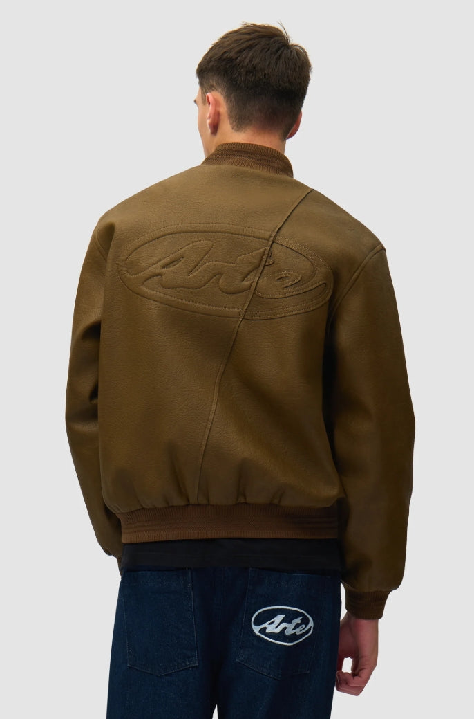 LEATHER VARSITY JACKET BROWN