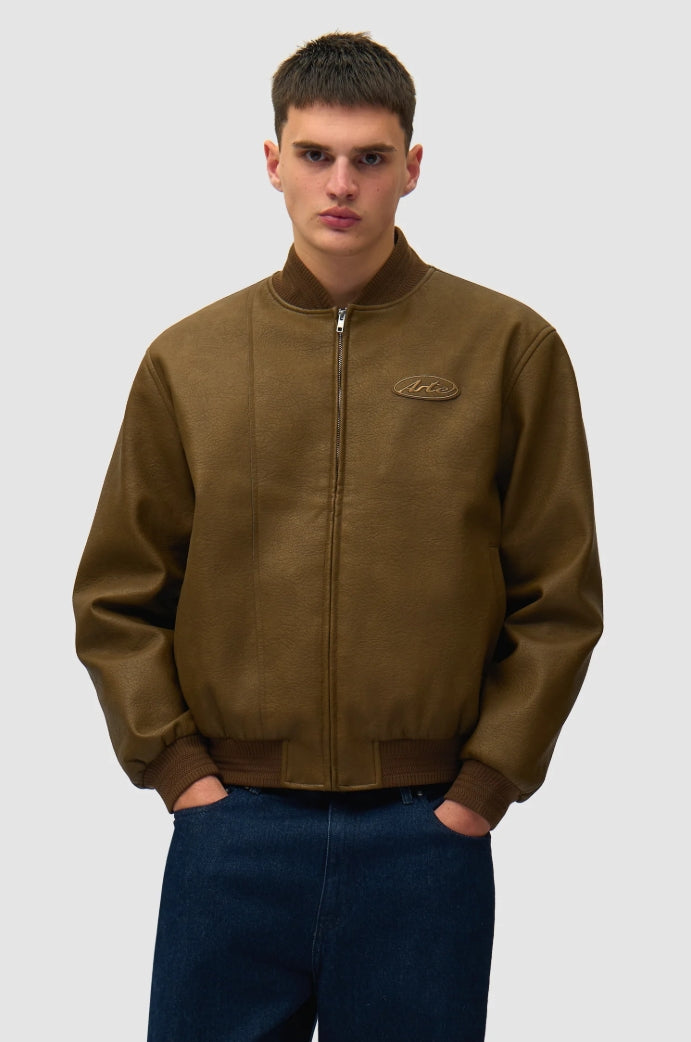 LEATHER VARSITY JACKET BROWN