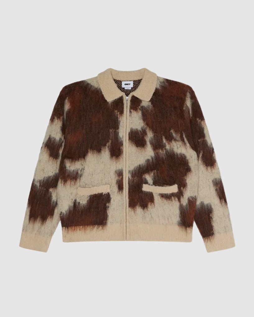 COW PATTERN ZIP SWEATER