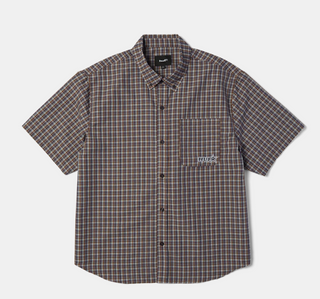 GALAXY PLAID SS WOVEN TOP DARK BROWN
