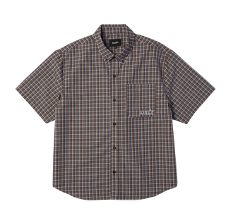 GALAXY PLAID SS WOVEN TOP DARK BROWN