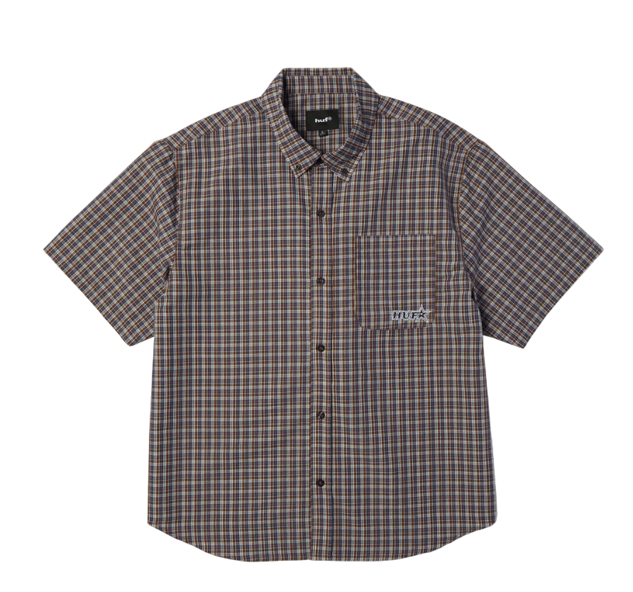 GALAXY PLAID SS WOVEN TOP DARK BROWN