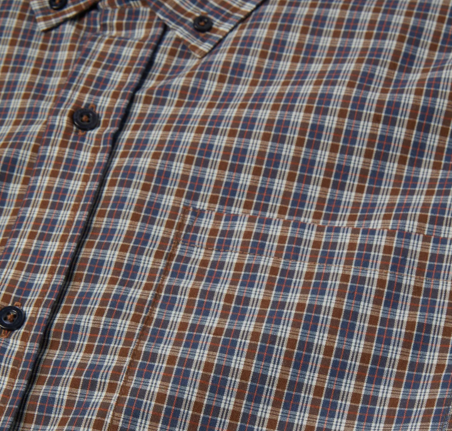 GALAXY PLAID SS WOVEN TOP DARK BROWN