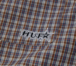 GALAXY PLAID SS WOVEN TOP DARK BROWN