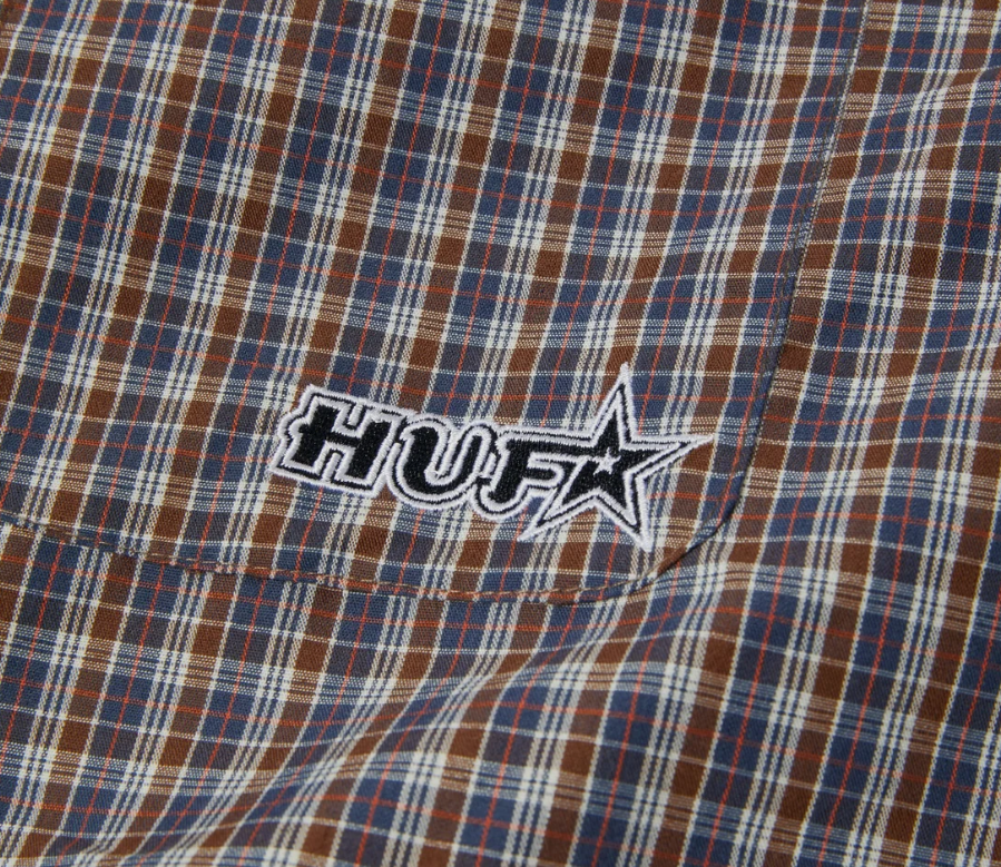 GALAXY PLAID SS WOVEN TOP DARK BROWN